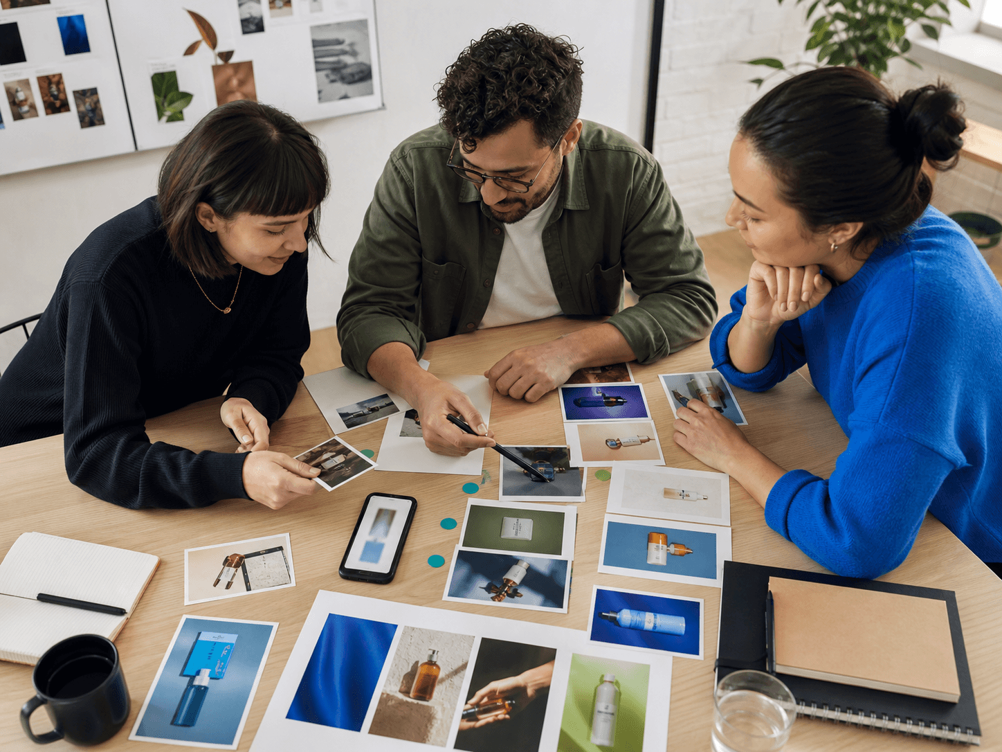 Three marketers arranging creative concepts and product references on a table