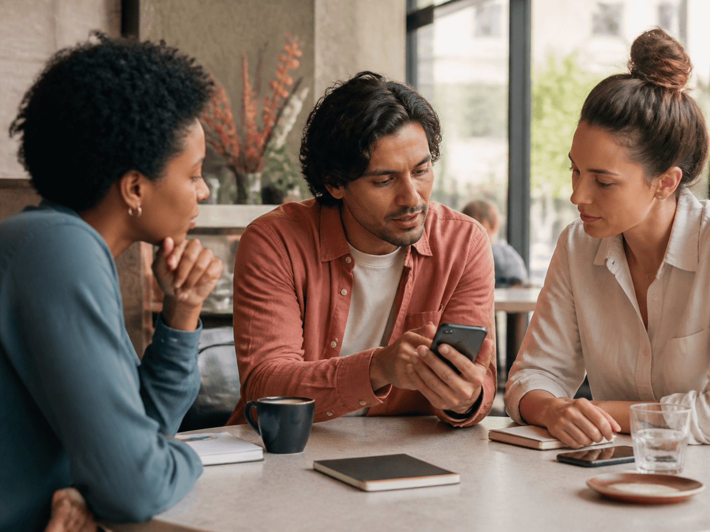 Three people discussing a customer experience together in a bright cafe