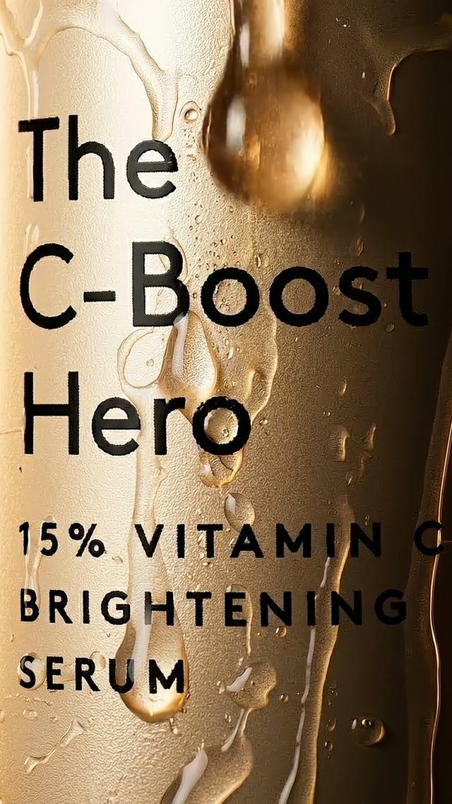 Vitamin C serum ad using gold texture and bold benefit typography
