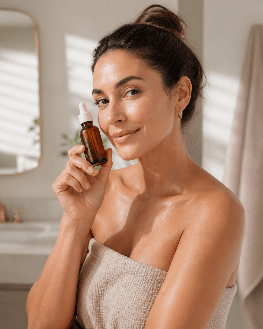 Person holding an unbranded amber serum bottle in a bright bathroom