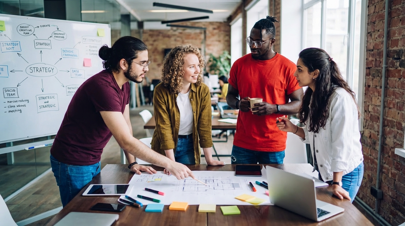 Creative team collaborating on marketing strategy